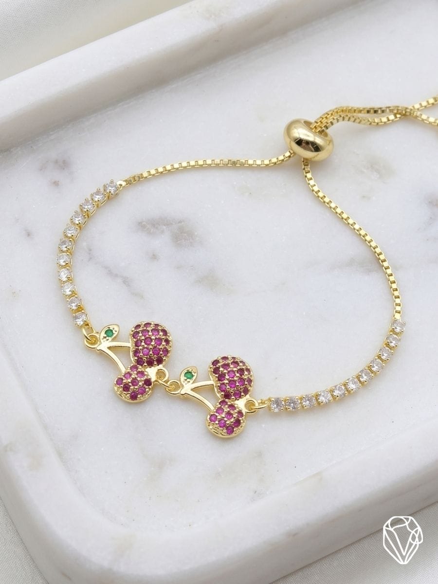 Pulsera Cerezas Rosa — Oro Laminado Americano | Varelis